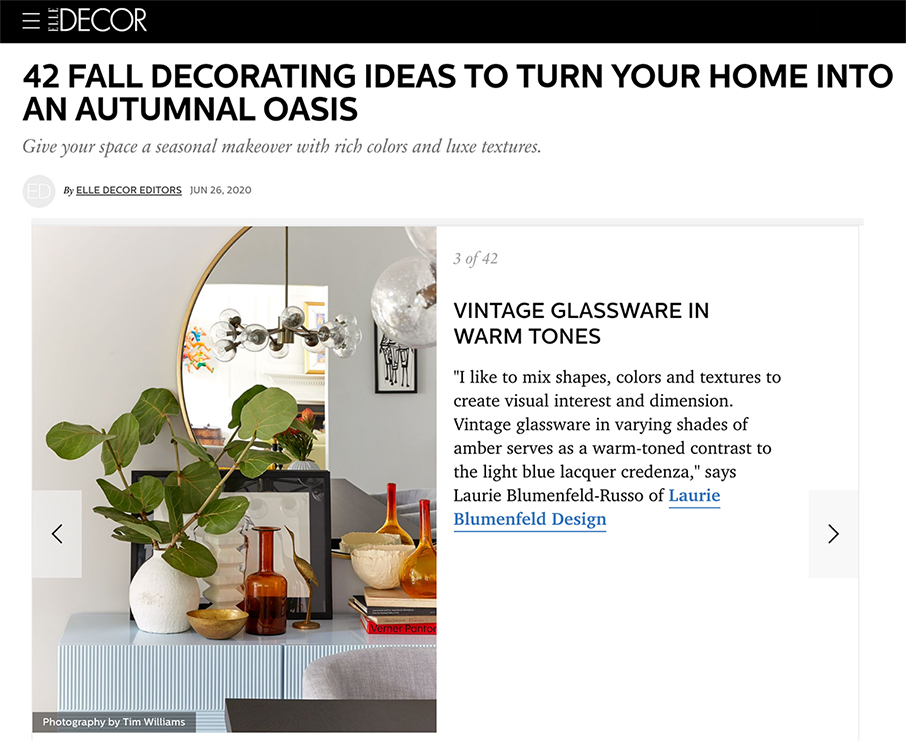 ELLE DECOR FALL DECOR TIPS WITH DESIGNER LAURIE BLUMENFELD DESIGN