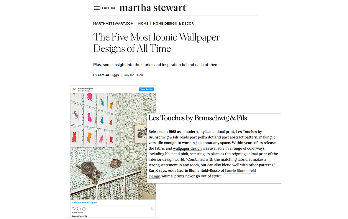 The Five Most Iconic Wallpapers On Martha Stewart featuring designer Laurie Blumenfeld Design