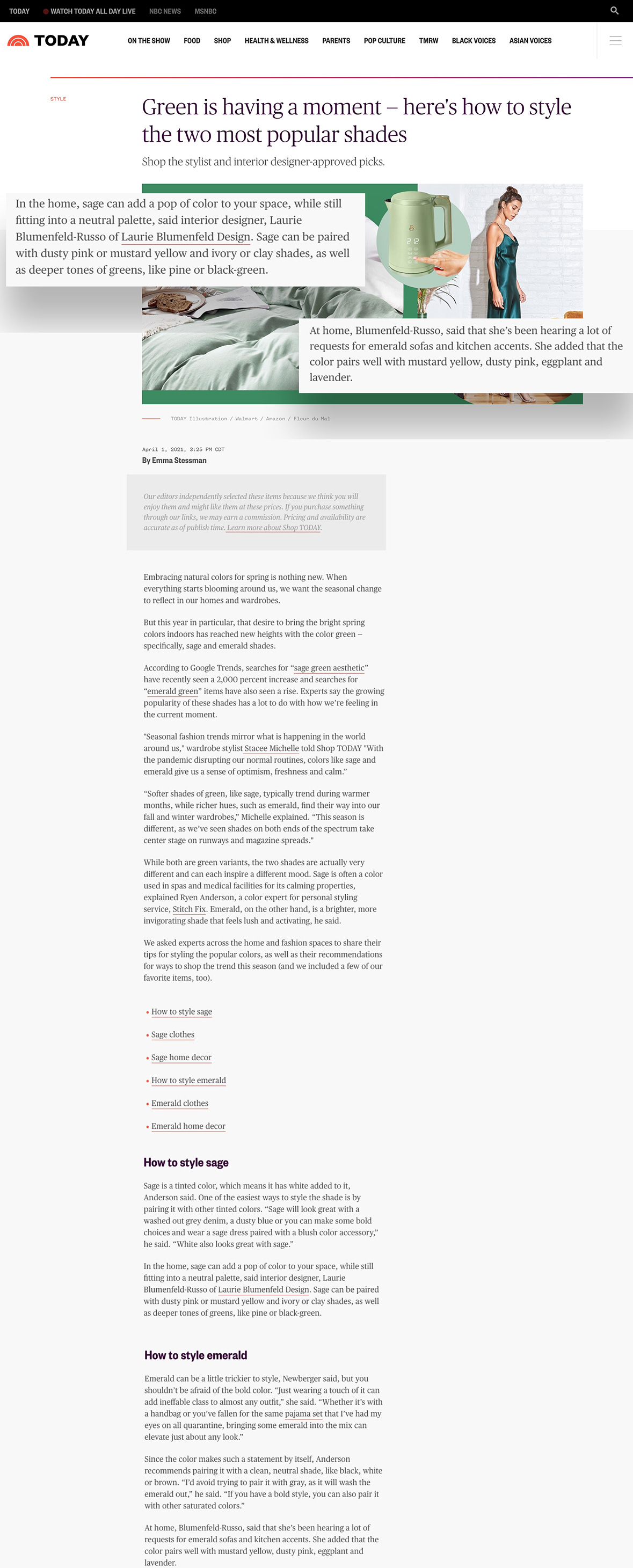 Laurie Blumenfeld Interior Designer in TODAY on how to use green in interiors