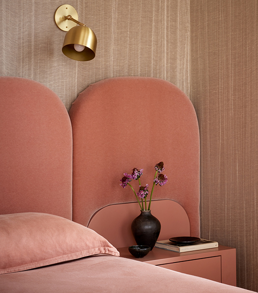 Custom Wall Length Velvet Head Board and Bed with Built-In Bedside Tables