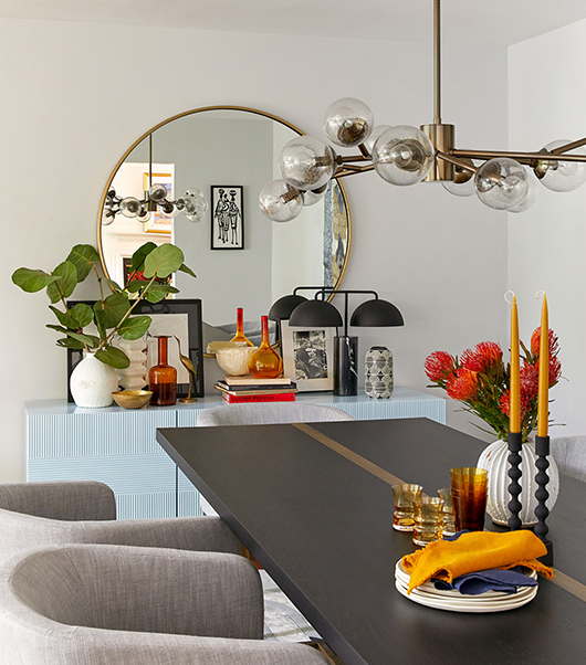 Custom Contemporary Gray Oak Dining Table with Brass Inlay Center Stripe and Legs